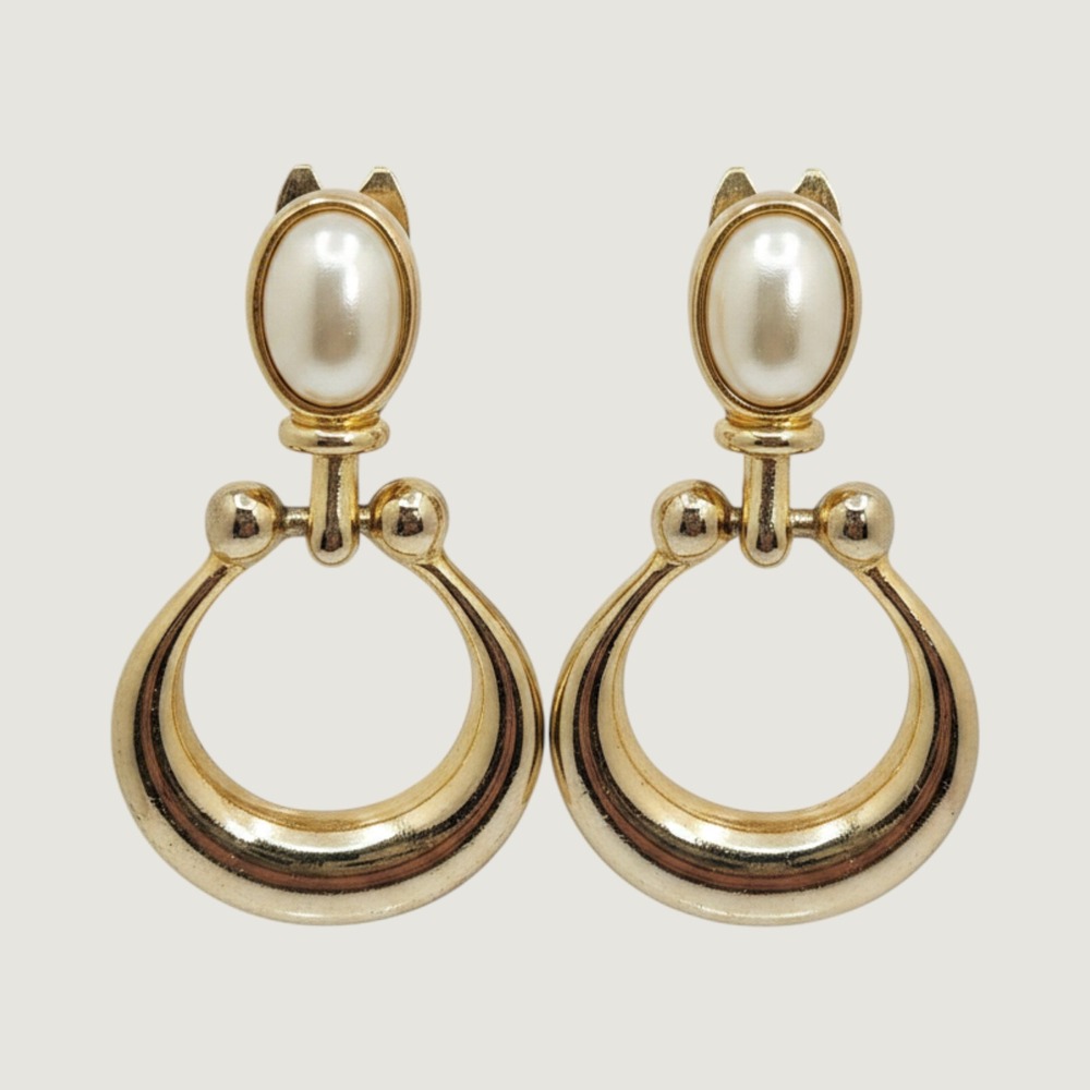 Vintage Paolo Gucci Faux Pearl‎ Door Knocker Clip On Earrings Quiet Luxury